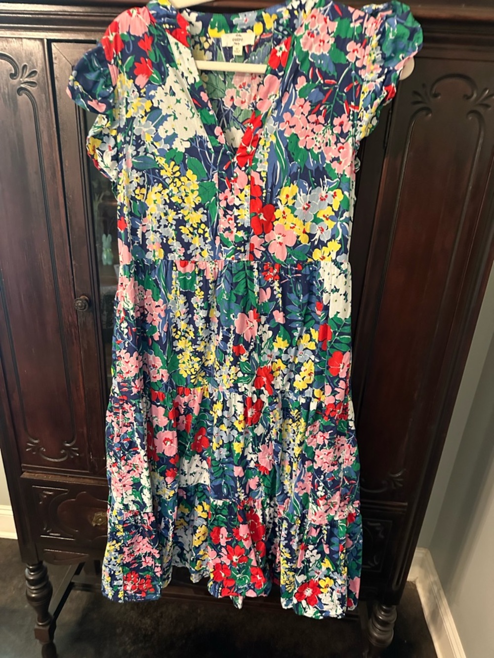 entro Navy Floral V-Neck Dress with Multicolor Blooms